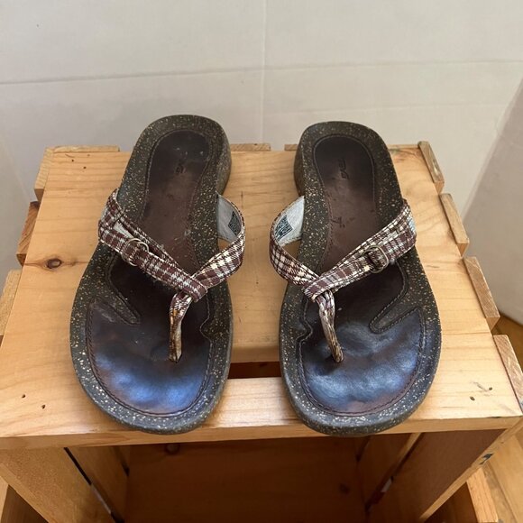 Teva Size 7.5 Brown Plaid Ventura Leather Toe Post Thong Flip Flop Sandals #6503 - Picture 3 of 16